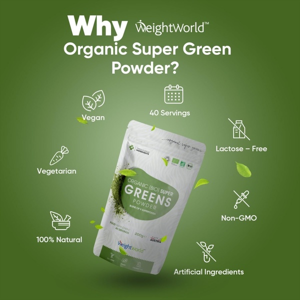 A clean, benefits-driven ad layout highlighting the key nutritional certifications and product attributes of an organic greens powder supplement.